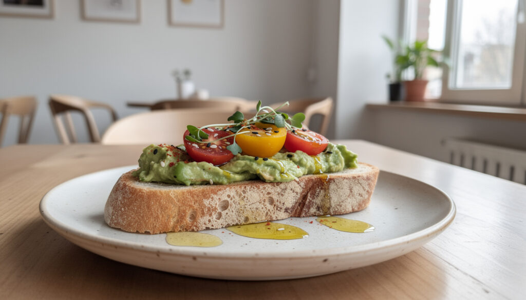 Frischer Avocado Toast auf Sauerteigbrot im GuMo Café in der Karlsruher Innenstadt